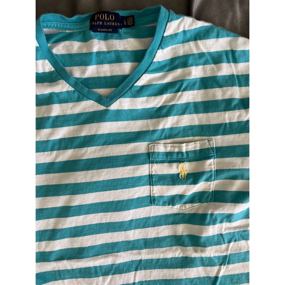 Polo Ralph Lauren Mens Turquoise White Striped V-Neck Pocket T-Shirt Large L